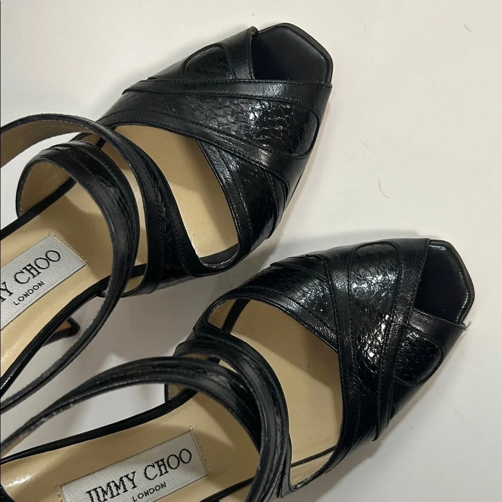 Jimmy Choo Black Patent Leather Strappy Peep-Toe Heels